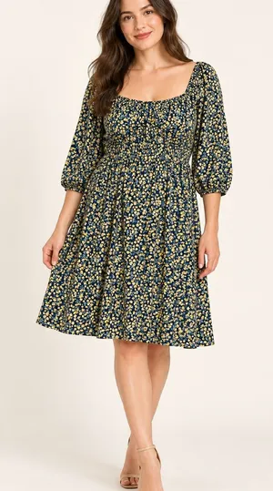 AUW Navy and Yellow Floral Square-Neck Midi Dress thumbnail 1
