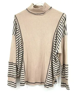 Miss Me Size‎ Small Sweater Cream Black Stripe Turtleneck Batwing Oversized Knit thumbnail 1