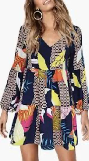 Boutique Vibrant Tiered Mini Dress Tropical Prints V Neck Flowy Medium thumbnail 1