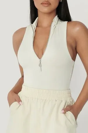 Meshki Paulina Sleeveless High Neck Zip Bodysuit Cream Medium thumbnail 1