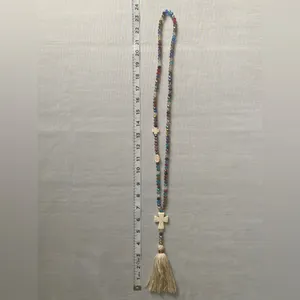 1Pc Boho Sweater Necklace Colorful‎ Beaded Cream Tassel Cross Charm Fashion thumbnail 3