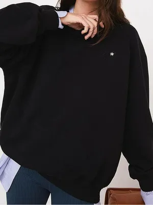 For Love & Lemons Alex Oversized Crewneck Sweatshirt Black Embroidered Medium thumbnail 1