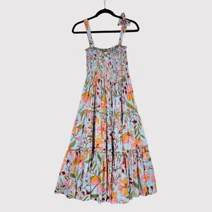 Poupette St Barth Dress Blue Midi Kleid Triny Floral Tank Tiered Smocked Boho XS thumbnail 2