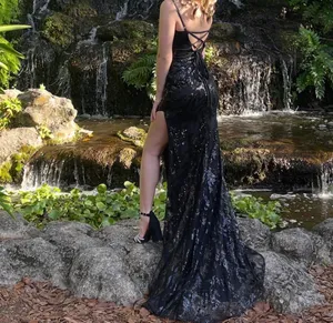 black sequin mermaid prom dress thumbnail 2