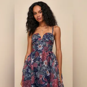 Lulus Cherished Aura Navy Blue Floral Organza Bustier Midi Dress thumbnail 2