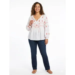 ​Solitaire Embroidered Large Coral & White Boho Swiss Dot Peasant Tie Neck Top thumbnail 2