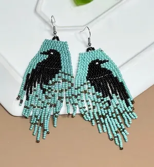 Crow Spirit Handmade Beaded Fringe Earrings ✨ Boho Raven Festival Dangles NWT thumbnail 1