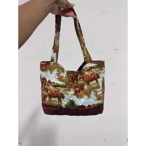 Handmade Quilted Horse Print Tote Bag Brown Equestrian Scenic Shoulder Bag thumbnail 2