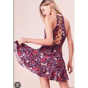 Kimchi Blue Boho Floral Ruffle Mini Dress Plum Lace Up Back Sleeveless Sundress thumbnail 2