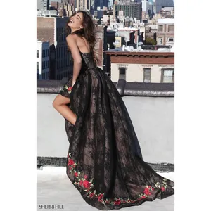 Sherri Hill 51252 Black Lace‎ Floral Embroidered High Low Gown Size 0 New! thumbnail 3