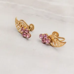 Vintage Screw On Earrings Gold Tone Leaf with Pink Gems Fall Autumn Whimsical thumbnail 3