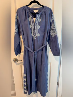 NWT Ex VOTO Embroidered Marlin Jules Caftan Blue Long-Sleeve Maxi Dress | XL thumbnail 2