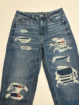 American Eagle Outfitters Distressed Jeans Plaid Flannel Patch Size 6 High Rise thumbnail 1