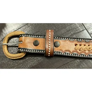 Womens 36"‎ Western Leather Belt Brown Braided Tooled Basketweave Buckle Cowgirl thumbnail 4