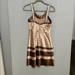 BCBGMAXAZRIA Women Dress Sequin Neck Tiered Satin Bandage Bodycon Gold Brown XS thumbnail 3