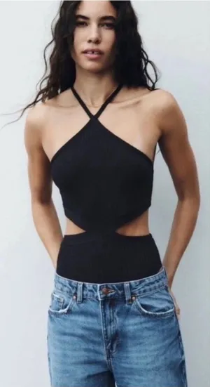 NWT Zara Cut Out Halter Bodysuit – Black – M thumbnail 1