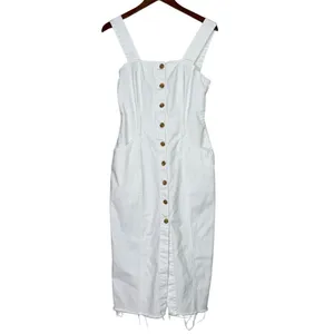 Zara Bodycon Overall Sleeveless Denim Midi Dress Raw Hem Button Down S White thumbnail 14