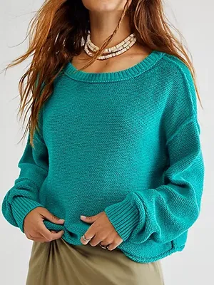Free People Inside Out Pullover Teal Turquoise Cotton Slouchy Cropped Sweater XL thumbnail 1