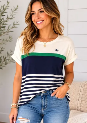 Nautical Navy and White Striped Colorblock Short‎ Sleeve Women Tee Size Large thumbnail 1
