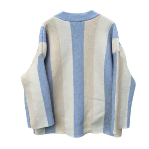 OAT New York Striped Knit Cardigan Sweater Pockets Cream Gray Women's‎ Large thumbnail 3