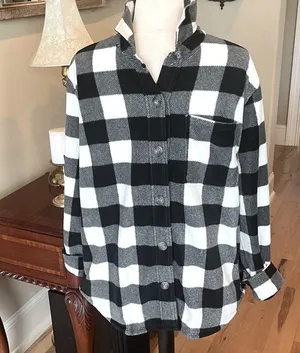Eddie Bauer Micro fleece Button Up Shirt Black White Buffalo Check Oversized thumbnail 2