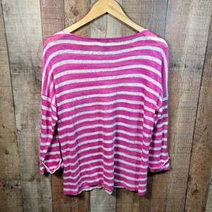 Lauren Ralph Lauren Pink White Striped 100% Linen Knit Sweater Boat Neck Large L thumbnail 6