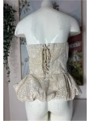Akira Summer Time Bliss Beige Eyelet Peplum Corset Top Strapless Lace Up Size XL thumbnail 6