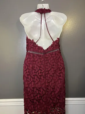 Bardot Dress Womens 6 Red Lace Halter Backless Sheath Midi Floral Party thumbnail 6