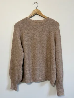 Sézane Louisa Jumper Sweater Size XL Tan Neutral Tan Balloon Sleeve Button Crew thumbnail 7