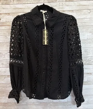 NEW Ultra Pink Womens M Top Black Crochet Button Up Collar Boho 100% Cotton NWT thumbnail 1