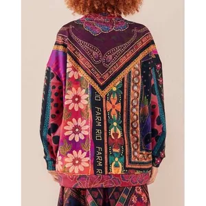 FARM Rio Mixed Scarves Sweatshirt Sun Appliqué Oversized Pullover S Art to Wear thumbnail 2