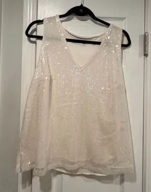 NWOT Nine West Size L Ivory Sequin Tank Top Sleeveless V Neck Party Evening thumbnail 1