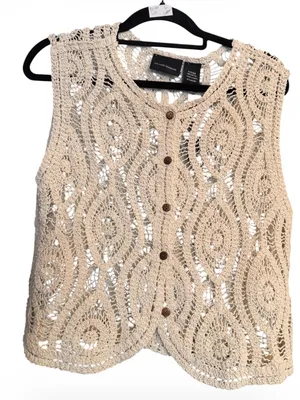 Liv Los Angeles Crochet Button-Front Sleeveless Vest- Cream Size Large NWT thumbnail 1
