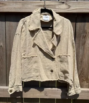 Zara Beige Linen Blend Cropped Jacket Frayed Hem Boho Tan Medium thumbnail 1