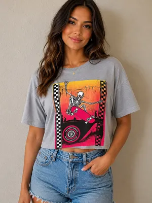 Gray Graphic Skeleton Skate Cropped Tee Size XL thumbnail 1