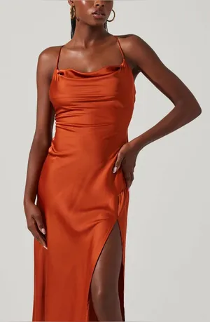 Astr Satin Gaia Midi Dress - Rust Orange thumbnail 1