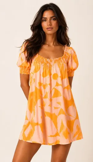 Free People Mila Floral Mini Dress S Boho‎ Puff Sleeve Smocked Pink Orange Beach thumbnail 1