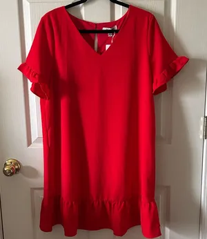 She + Sky Red V-Neck‎ Ruffle Sleeve Sisterhood Dress Sz L Autumn Wedding Guest thumbnail 1