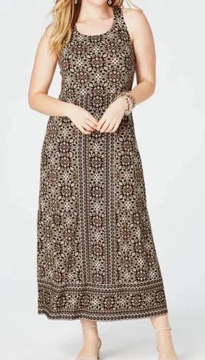 J. Jill Brown Cream Floral-Print Maxi Dress cross back casual boho layering L thumbnail 1