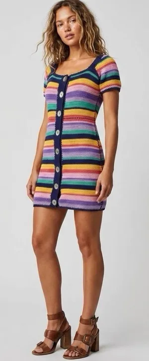 Farm Rio Sweater Dress XS Striped Short Sleeve Winter Summer Fall Boho Retro thumbnail 1