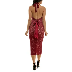 NWT Emerald Sundae Glitter Lace Bodycon Halter Dress JYP3473 Medium Red XS thumbnail 2