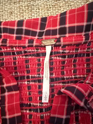Free People Caught A Feeling Smocked Button-Up Top Shirt Size Large Red Black thumbnail 5
