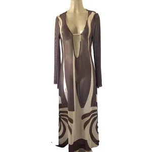 NWT Caroline Constas Brown Cover Up Maxi Dress Mesh Long Sleeve Sheer Beige M thumbnail 4