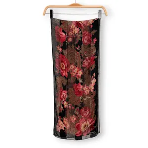 VINTAGE Ralph Lauren Silk Sheer Black w/ Red Floral & Gold Thread 54 X 11" Scarf thumbnail 5
