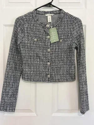 H&M Tweed Plaid Cardigan Jacket Black White Cropped Preppy Quiet Luxury Academia XS thumbnail 2