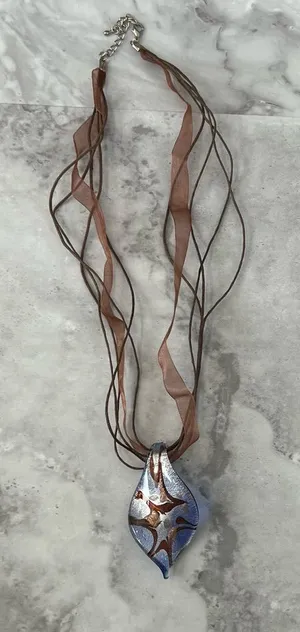 Hand‎ Blown Brown and Blue Glass Pendant Necklace and Brown Ribbon Chain thumbnail 1