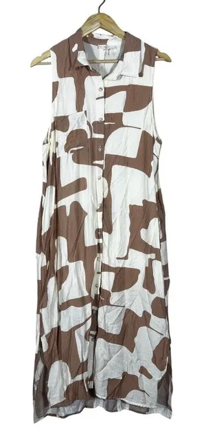 Entro Abstract Geometric Sleeveless Button Front Midi Shirt Dress Brown Size L thumbnail 1