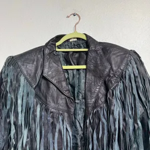 Vintage Black Leather Western Moto Fringe Cropped Jacket Sz M thumbnail 3