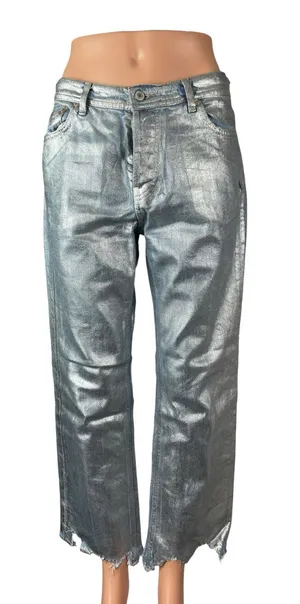 Free People Metallic Silver Raw Frayed Hem Barrel Wide Leg Denim Jeans Pants 26 thumbnail 1