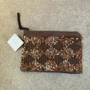 Pottery barn new with tags brown beaded pouch thumbnail 1
